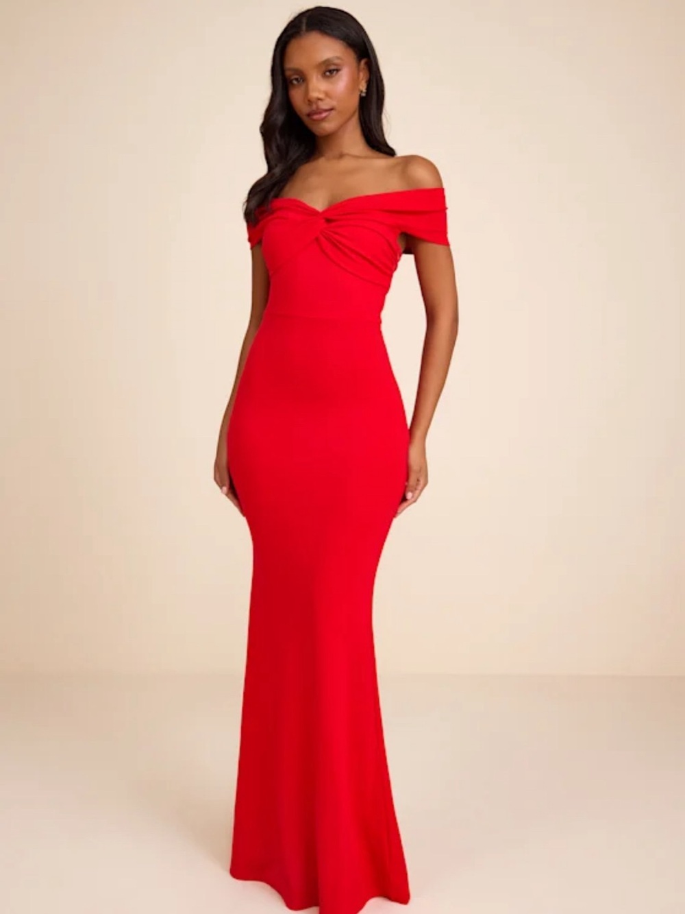 Lulu's Scarlet Off-the-Shoulder Twist-Front Maxi Dress